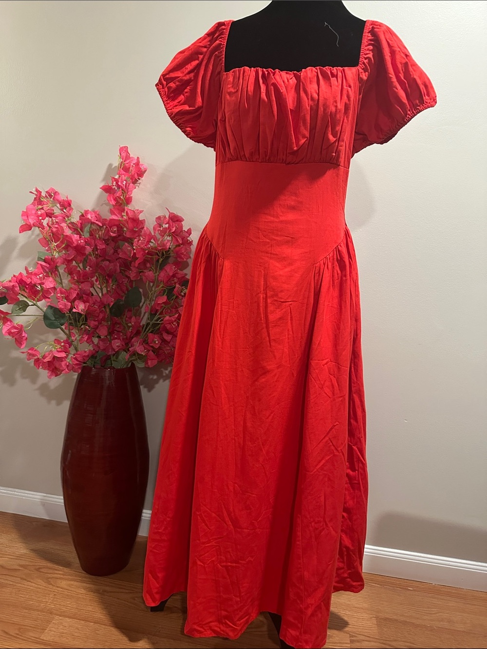Red Puff-Sleeve Maxi Dress - Women's Elegant Square Neck